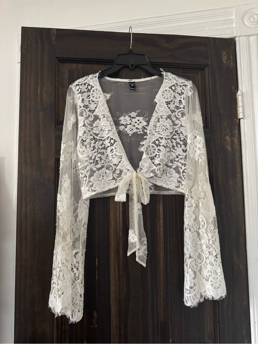 Sheer Lace Tie-Front Cropped Top - Off White